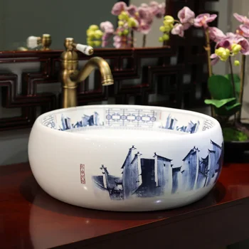 

Chinese Antique ceramic sink wash basin Ceramic Counter Top Wash Basin Bathroom Sinks vanity sink blue and white round