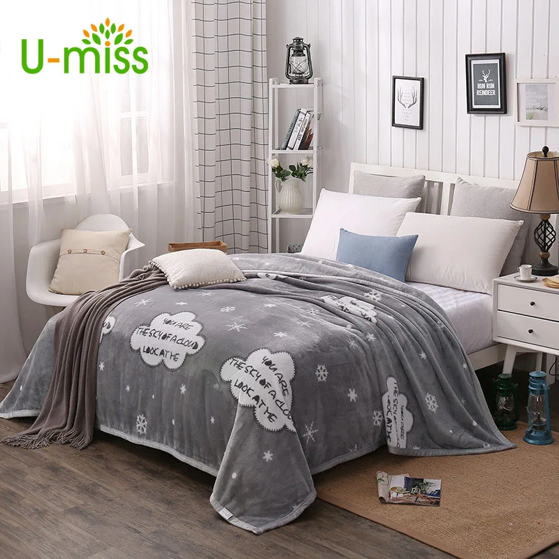 

U-miss Spring and Autumn 100% Polyester Coral Fleece Blanket for Beds Sofo Thick Rectangle Adults Soft Printed Flannel Blanket