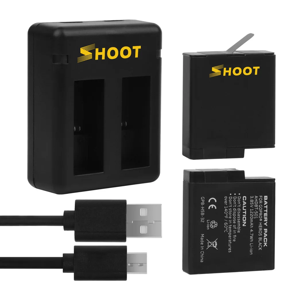 

SHOOT Dual Port Battery Charger With 2pcs 1220mAh Battery for GoPro Hero 5 6 7 Black Cam For Go Pro Hero 7 5 Changing Accessory