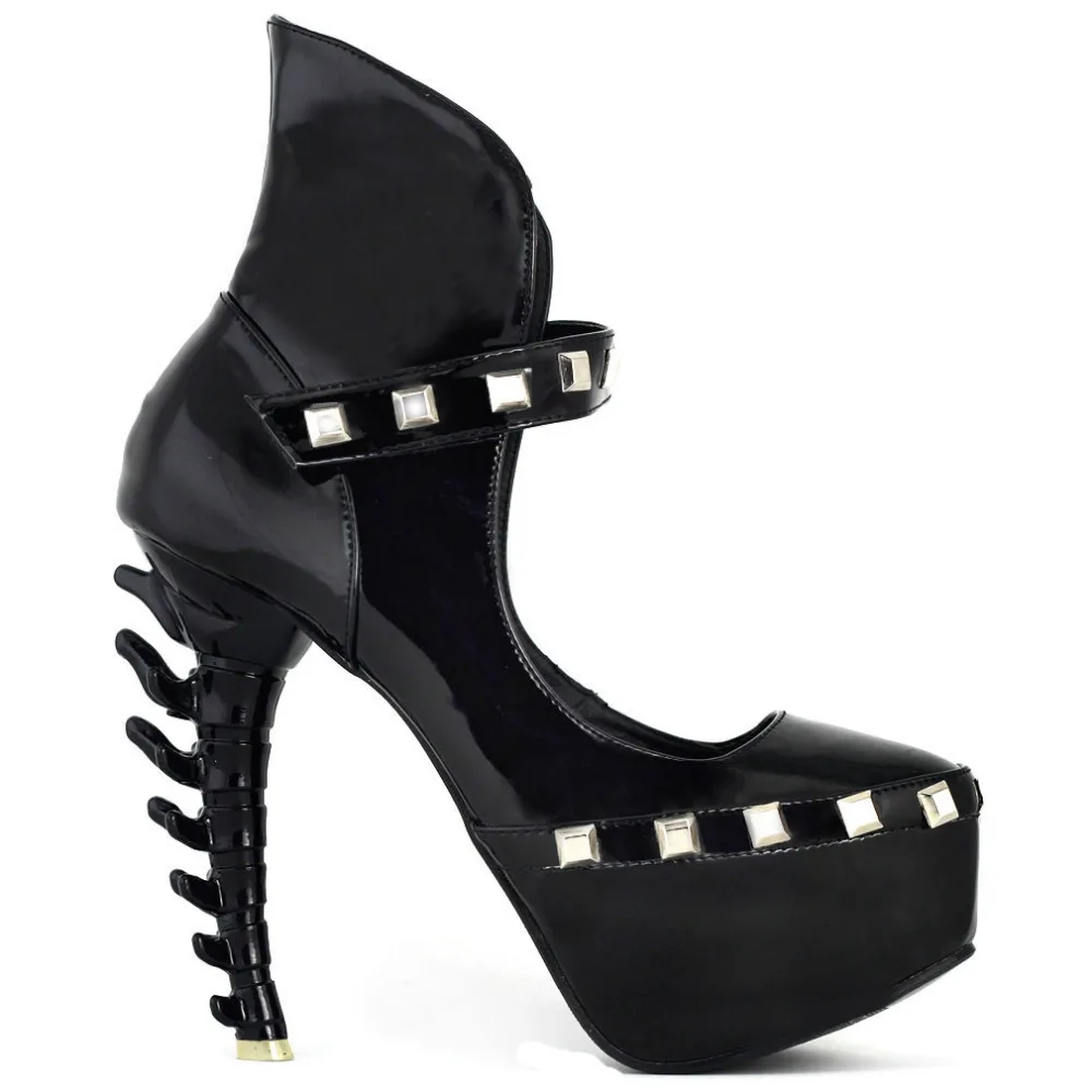 Lf80616 Black/silver Stud Ankle Strap Platform Bone Heel Club Pumps ...