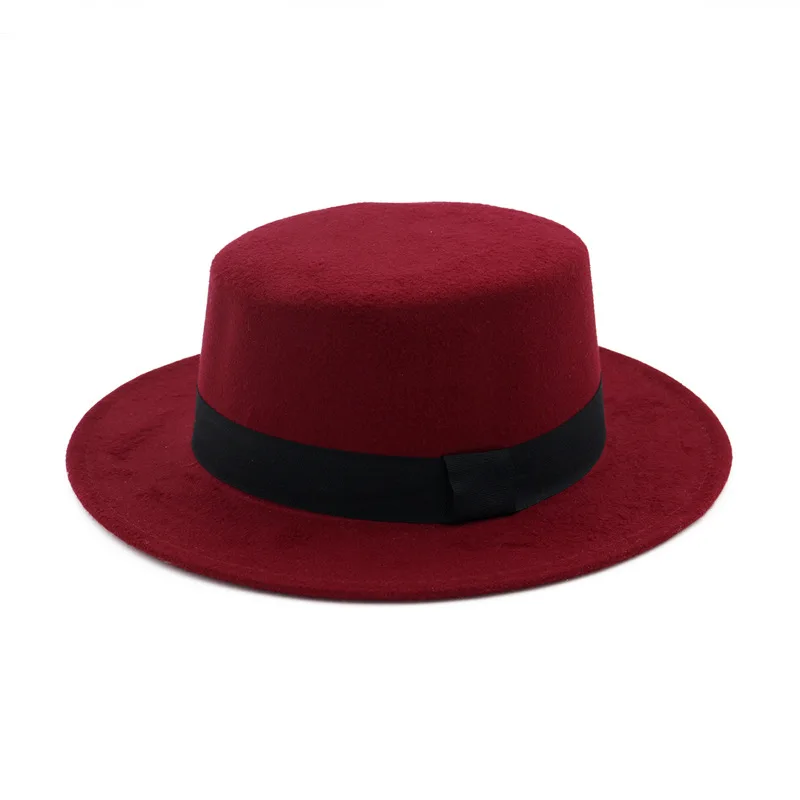 FS Мужская Черная шерстяная шляпа с плоским верхом, шляпа-канотье для женщин с широкими полями, фетровые шляпы, Кепка-котелок с черной лентой, Sombrero