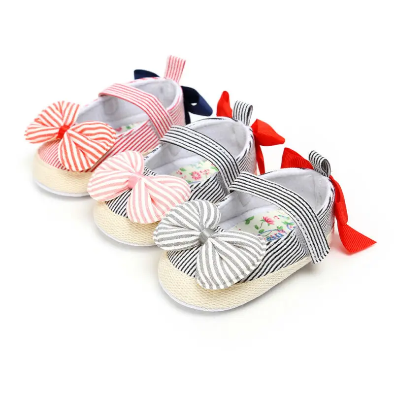 

0-18M Cute Princess Baby Girls Shoes Infant Kids Girls Stripe Bow Soft Sole Crib Moccasins Booties Toddler Sandals Shoes