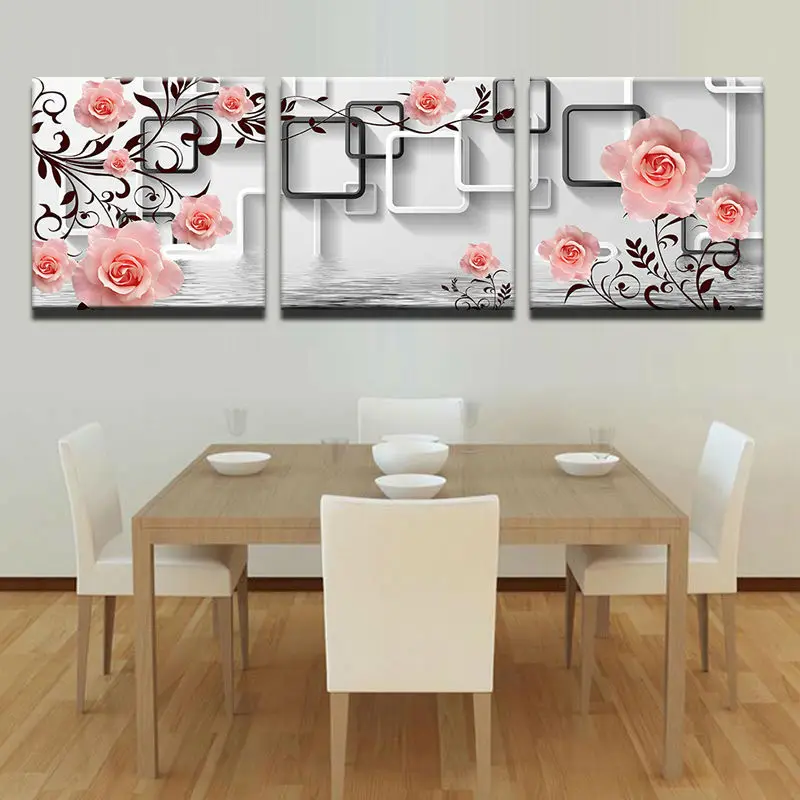 

Modular Pictures Abstract Photo Wall For Living Room Decorative 3 Pieces Pink Rose Flowers Framework HD Poster Canvas Painting