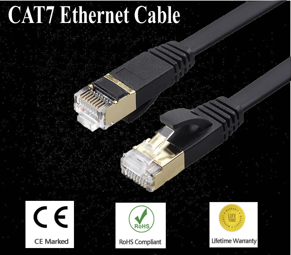 Black Cat 7 Flat Ethernet Cable Cat7 Network Patch Cable RJ45 Shielded (SSTP) Lan Cable CAT7 CAT 7 Cable 36.510152550100ft (1)