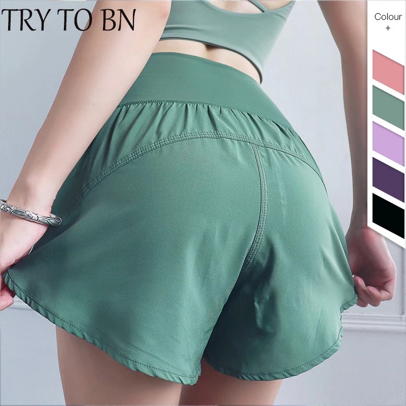 

TRY TO BN Women's Shorts Fake Two Pieces High Elasticity High Waist Shorts Breathable Workout Fitness Women's Summer Shorts