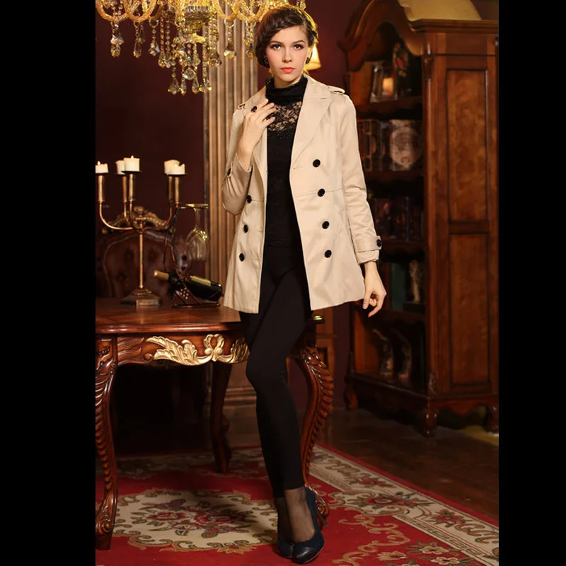 

Women's coat trench coat cotton coat V-neck long sleeve double-breasted coats Long elegant slim female outerwear