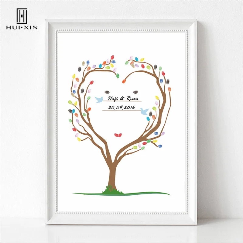 Fingerprint DIY Guestbook Decorating Wedding Party Of Beautiful Declicate Heart-shaped Wedding Tree Custom Free Name And Date