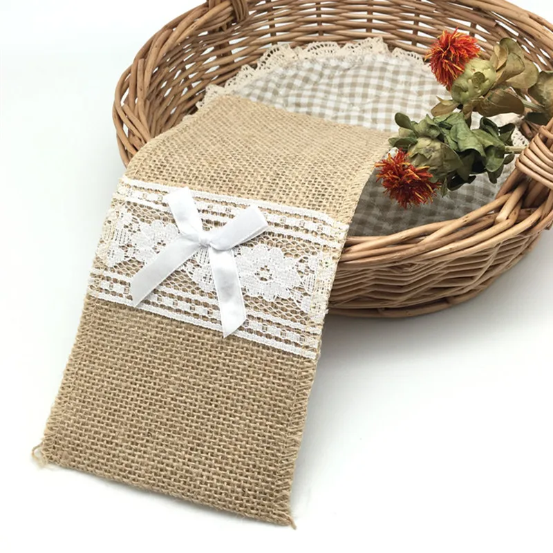 10pcs Natural Jute Burlap Cutlery Holders Packaging Fork and Knife for Wedding , Party Decoration 11*21cm   AA8016