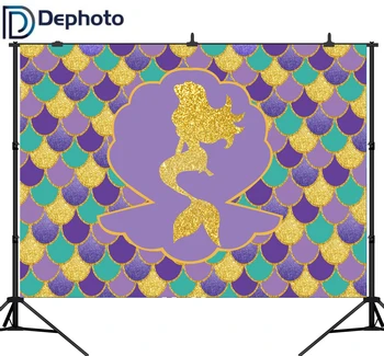 

DePhoto Photography Backdrop Golden Mermaid Shell Scales Princess Birthday Party Photographic Photo Background Photobooth