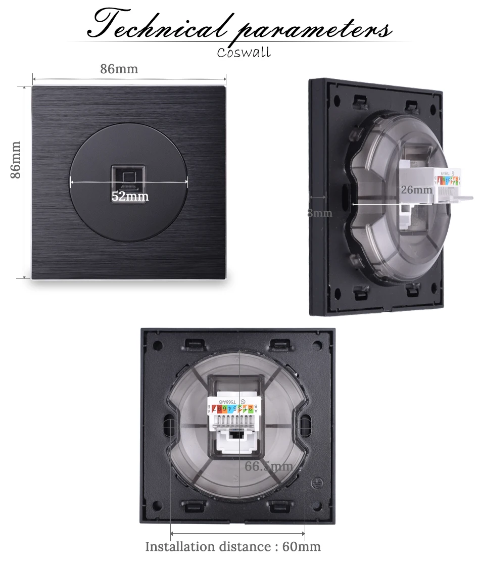 Coswall роскошный RJ45 Интернет-Джек алюминиевая матовая панель компьютерная розетка настенная розетка для передачи данных рыцарь черный