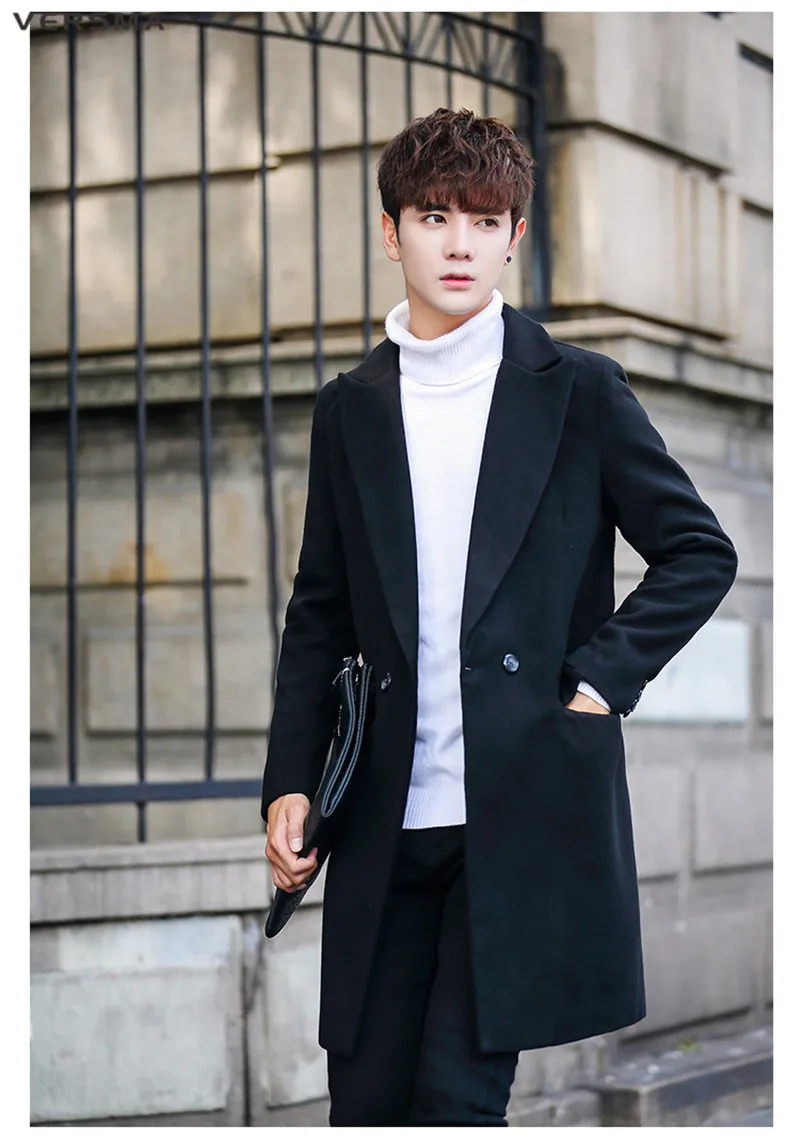 Versma новый британский холодной Зимние черные сапоги Wool Duffle длинная куртка пальто Для мужчин двубортный Для мужчин S длинные Шерстяные