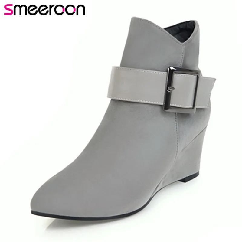 

Smeeroon pointed toe kid suede leather boots autumn winter boots women ankle high heels boots ladies big size 34-43