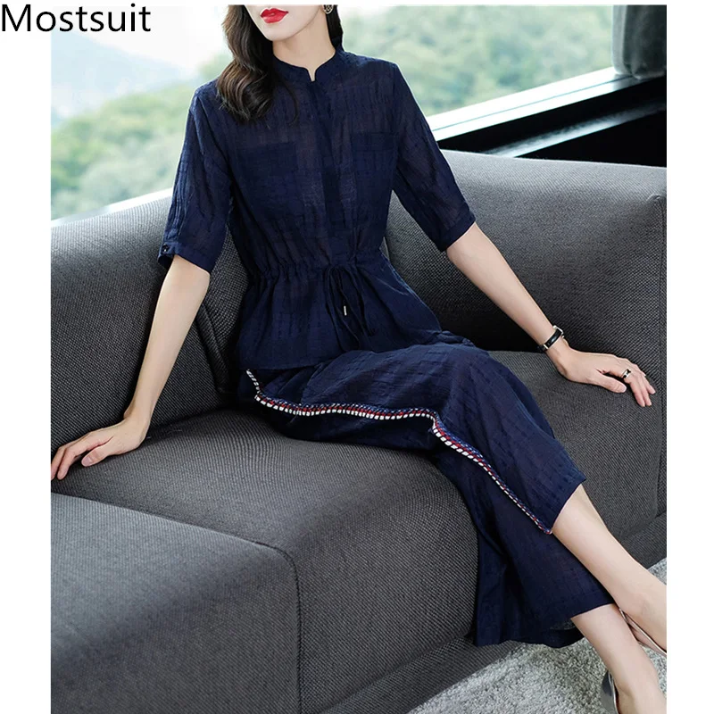

2019 Summer Two Piece Sets Outfits Women Blue Pink Short Sleeve Tunics Tops And Wide Leg Pants Suits Office Elegant 2 Piece Sets
