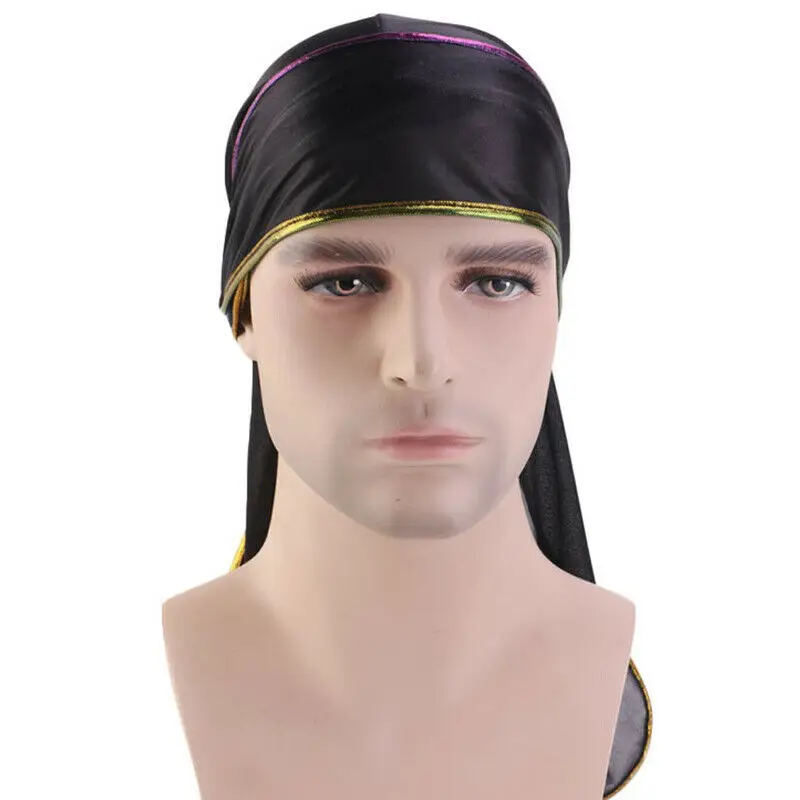 Мужская атласная Шапка тюрбан Durags шелковая шапка шарф с длинным хвостом