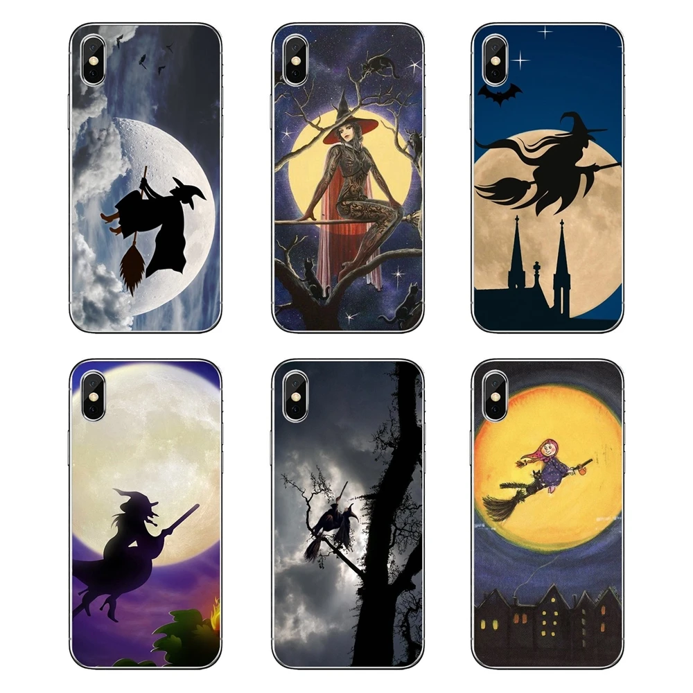 For Samsung Galaxy Note 8 9 S9 S10 A8 A9 Star Lite Plus A6S A9S TPU Transparent Cover Halloween Witch Flying Broom Over Moon Art |