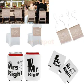

Mr right & Mrs always right Hessian Chair Banner +Tin Can Sleeves Holders