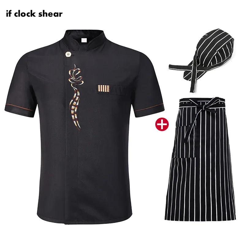 Chef Restaurant uniform Short Sleeve Hotel kitchen Work clothes Breathable Thin chef Jacket+ Hat+Apron set M-4XL Unisex shirts