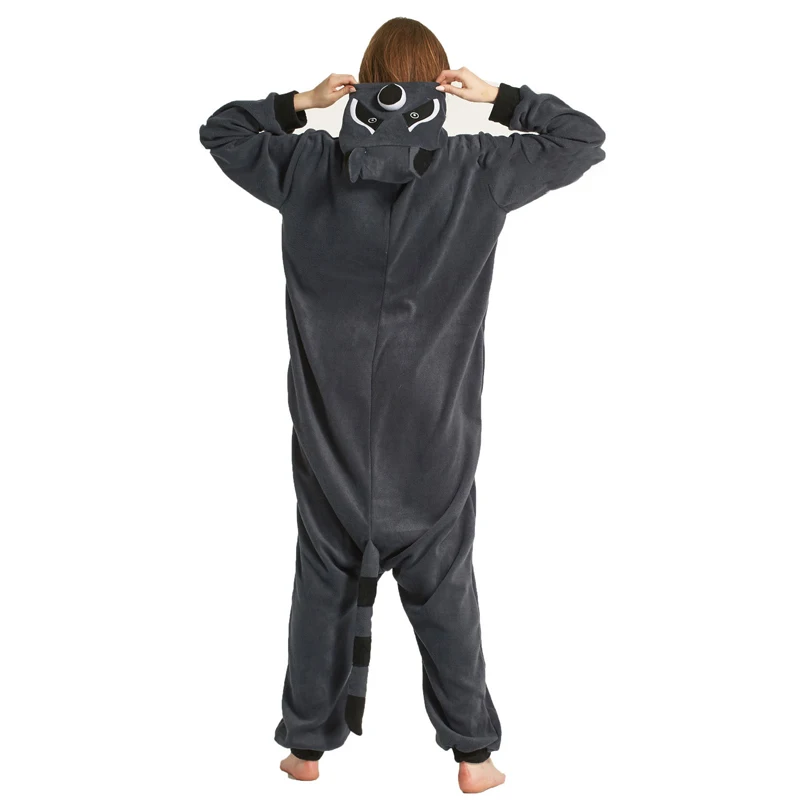 Funny Gray Black Raccoon Kigurumi For Adults Polar Fleece Pajamas Women Onesie Winter Sleepwear Men Night-Suit Halloween Cosplay (5)