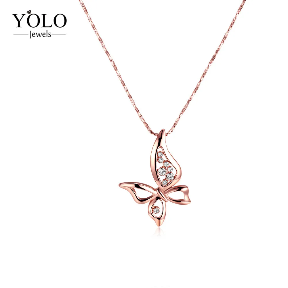 

Tiny Rose Gold Color Necklace With Butterfly Pattern AAA Cubic Zirconia Pendant Necklaces Jewelry Love Gift Suitable for Parties