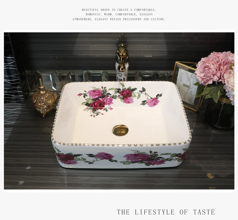 Rectangular rose pattern Handmade Europe Vintage Style Lavobo Ceramic Bathroom Countertop Bathroom Sink hand painted ceramic sink (5)
