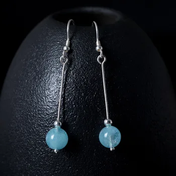 

Natural Aquamarine Rose Quartz Ball Long Earring For Women Minimalist Elegance Simple Real 925 Sterling Silver Jewelry