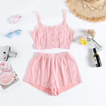 

Hollow Out Loose Crop Top And Shorts Set Summer Camis Spaghetti Strap Sexy Top Female T-Shirt Women'S Set Cute Two Piece Suit