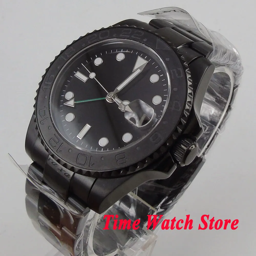 Parnis 40mm men's watch black dial luminous ceramic bezel PVD case sapphire glass GMT Automatic wrist watch men 524 Parnis 40mm men's watch black dial luminous ceramic bezel PVD case sapphire glass GMT Automatic wrist watch men 524