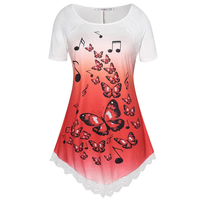 

KWAN_Indie folk Plus Size female T-shirt Short Sleeve O-Neck Gradient 3D Note pattern Printed Lace Up T-shirt women gothic top #