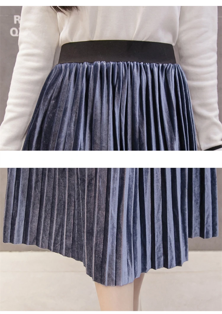 pleated midi skirt New 2019 Autumn Winter Elastic High Waist Skirt Solid Casual Pleated Skirts Womens Striped Jupe Femme Velvet Saias Midi Skirt cute skirts