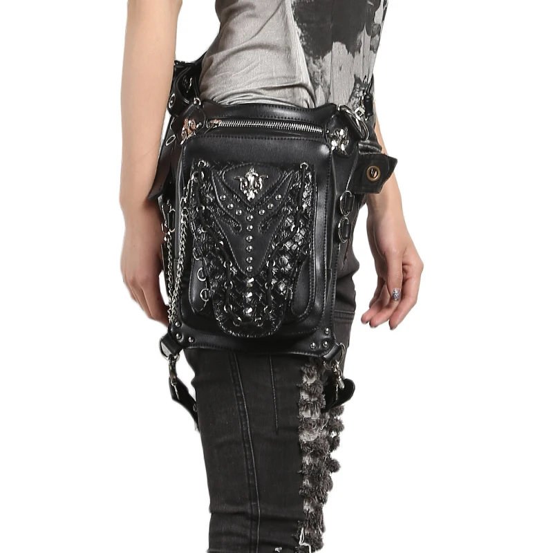

Rivets Unisex PU Leather Belt Waist Fanny Leg Drop Pack Punk Goth Top Quality Motorcycle Crossbody Shoulder Studded Hip Bum Bag