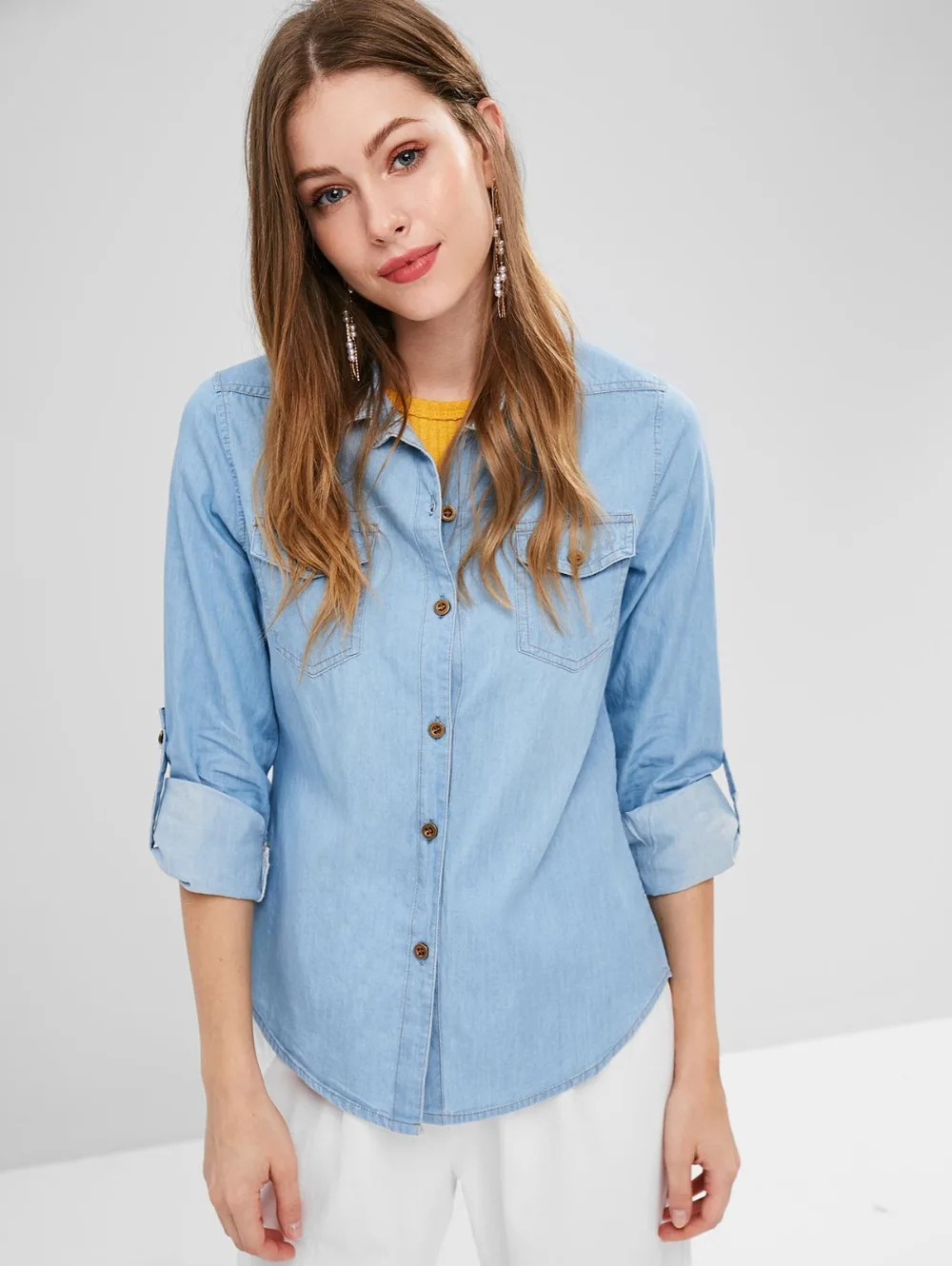 Women Denim Shirt Soft Chambray Blouses Shirt Collar Shirts Long Sleeve