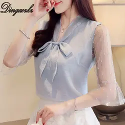 Dingaozlz 2019 летний галстук-бабочка Для женщин рубашка новый корейский сетки Сращивание кружевная блузка шифоновая блуза с рукавами-Клеш Топ