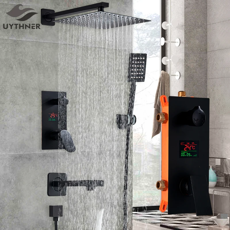 

Bathroom Shower Faucet 3-Functions Matte Black Digital Shower Faucets Set Rainfall Shower Head 3-way Switch Shower Set Mixer Tap