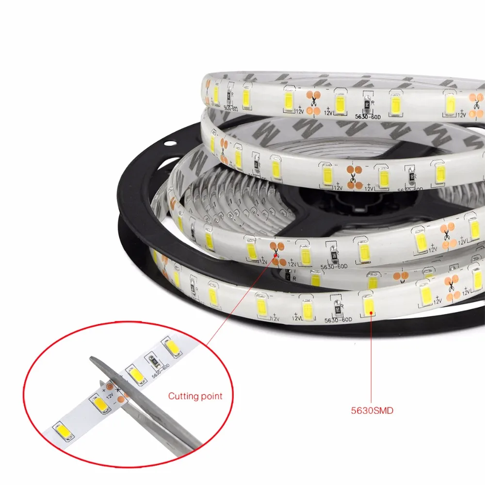 Светодиодный светильник 5630, 5730, 12 В, 5 м, водонепроницаемая гибкая Диодная лента, 300 светодиодов, холодный белый, теплый белый, 3000 k, 6500 k, красный, зеленый, синий