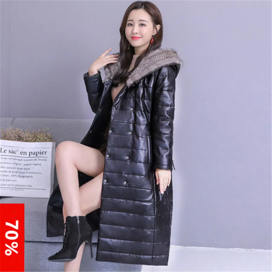 2019 new high-end high-quality fur collar PU leather down jacket cotton large size loose hooded coat long women's clothing 3XL | Женская