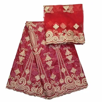 

New Red African Bazin Riche Getzner Batik Fabric With Scarf 2019 Mali Style Guinea Brocade Damask Shadda Lace Fabrics For Cloths