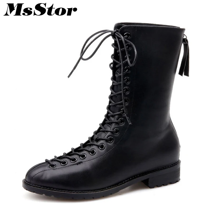 

MsStor Round Toe Square Heel Flat Boots Shoes Woman Casual Fashion Metal Zipper Cross-tied Boots Women Shoes Mid-Calf Boots 2018