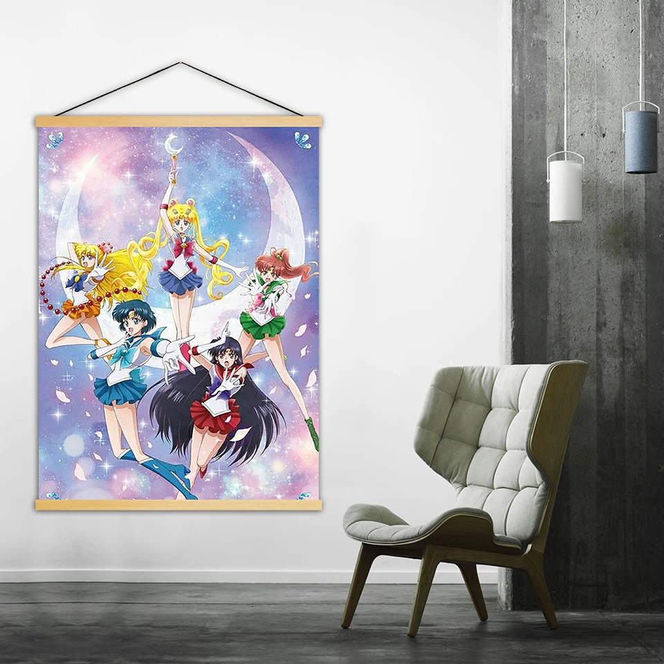Canvas-Picture-Print-Sailor-Moon-Home-Decor-Animation-Girl-Nordic-Wooden-Scroll-Hanging-Painting-For-Living (2)