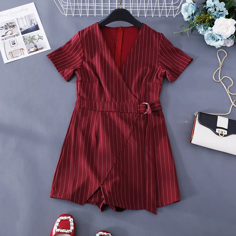 ALPHALMODA полосатые модные комбинезоны с v-образным вырезом, пояса с пряжками, высокая талия, женская Стильная летняя одежда С АСИММЕТРИЧНЫМ ПОДОЛОМ - Цвет: Красный