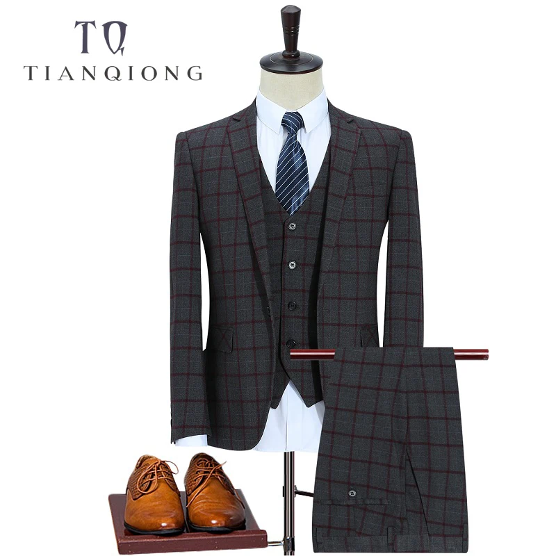 

TIAN QIONG 2018 New High Quality Wool Plaid Wedding Suits Men,blazer Men,wedding Dress,gray Men's Suits (Jacket+Pants+Vest)
