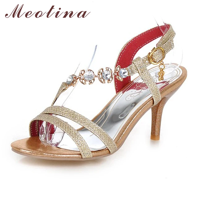 Meotina Shoes Women Sandals Summer High Heels Sandals Party Wedding Silver Shoes Rhinestone Sandals Gold Heels Size 10 12 45 46