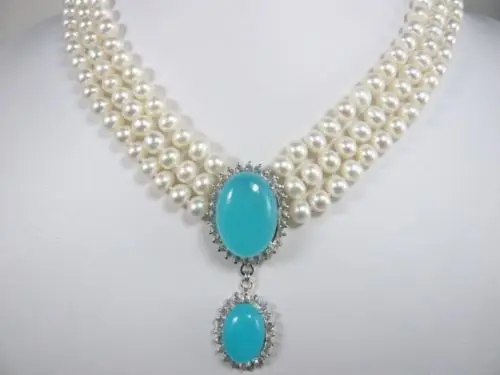 

FREE SHIPPING HOT sell new Style >>>>>2015 New! 3Row 6-7mm White Freshwater Cultured Pearl Pendant Necklace 18-20''