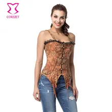 Brown Denim Buckled Zipper Swallowtail Corset With Straps Gothic Corsets And Bustiers Steampunk Clothing Halloween Costumes