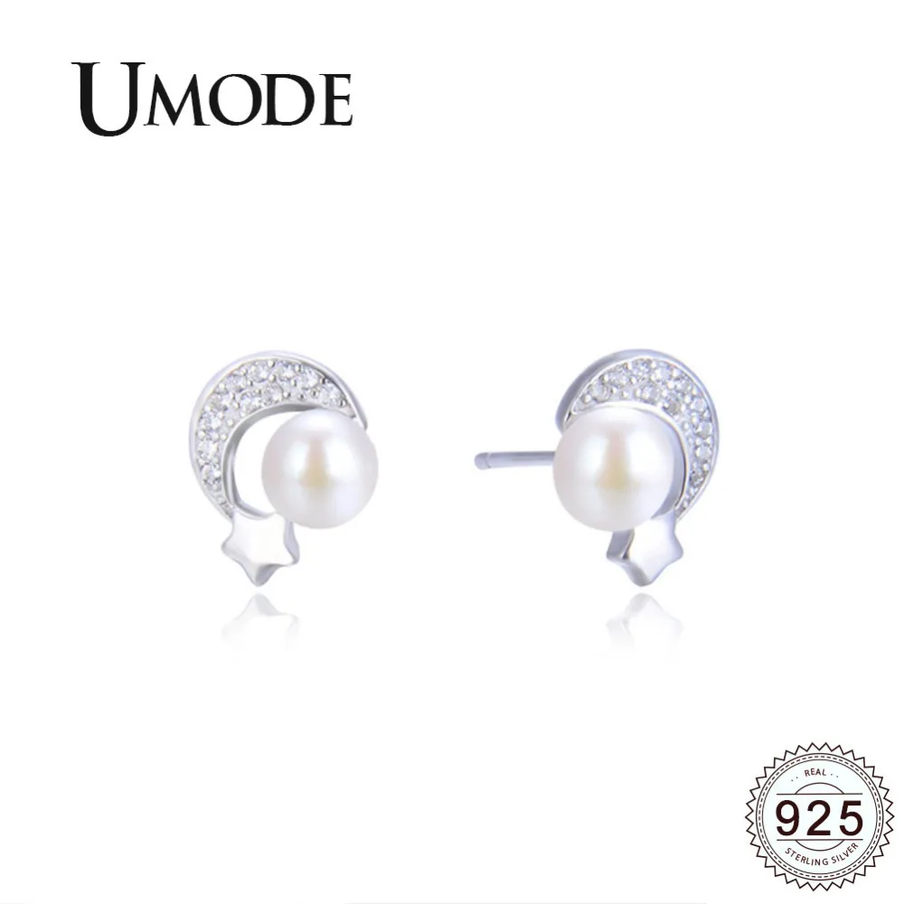 

UMODE 2019 New Round Pearl 925 Sterling Silver Stud Earrings for Women Moon and Star Stud White Gold Zircon New Jewelry ALE0494