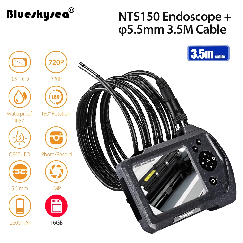 

5.5mm borescope Camera 16GB NTS150 3.5" LCD Display Monitor Inspection Endoscope 6 LEDS Borescope 3.5mm Snake Tube Camera