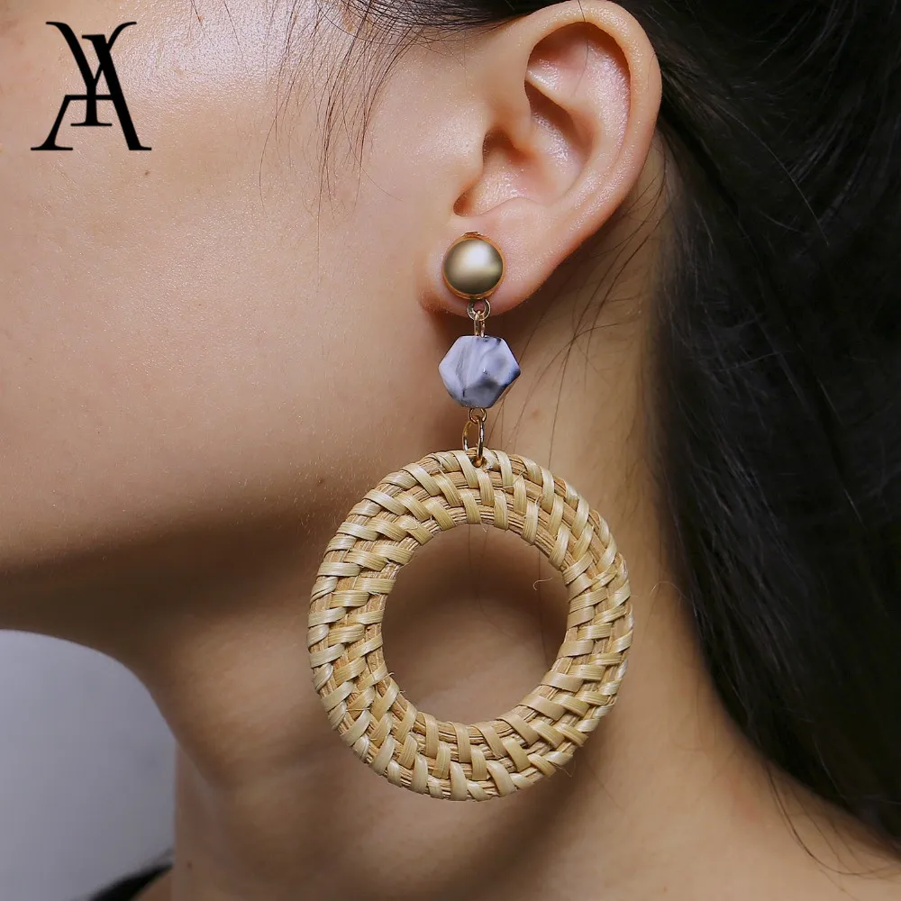 

AY Ethnic Champagne Rattan Knit Simulated Big Circle Earrings for Women Bohemian Handmade Round Drop Earring Fashion Jewelry