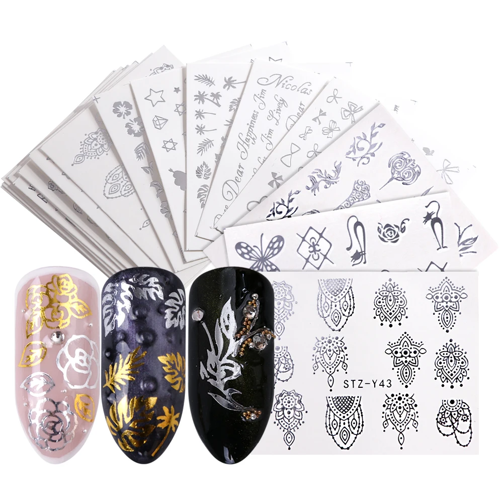 

16pcs Nail Polish Stickers Laser Silver Water Transfer Decals Jewelry Floral Galaxy Geo Jungle Leaf Nails Accessories BESTZ-YS16