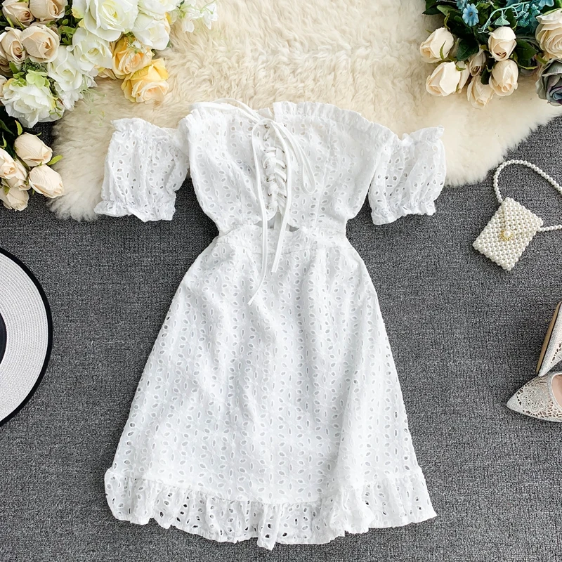 

2019 new fashion women's clothing adult Openwork lace wood ear short-sleeved lace dress flouncing holiday