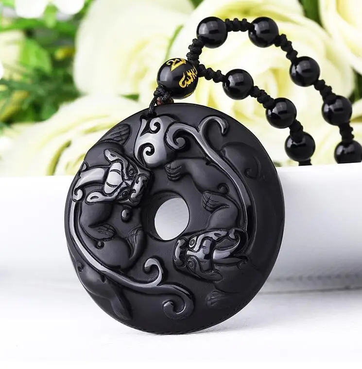 

Natural Black Obsidian Carved Double PiXiu Brave troops Lucky Pendants necklace