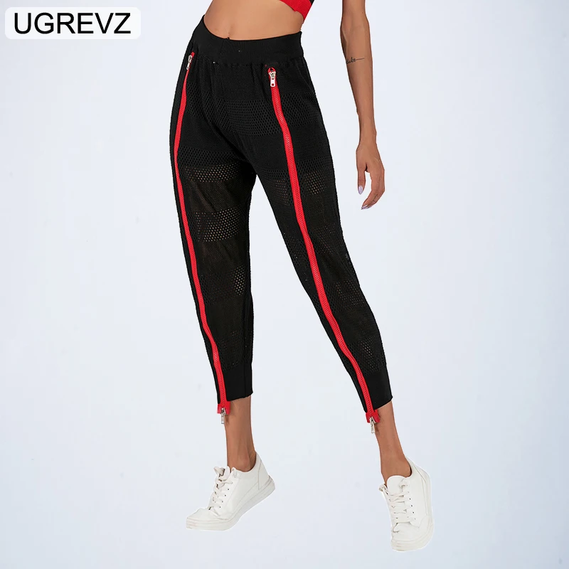 

Women Sweatpants Black Mesh Trousers Female Ladies Striped Zipper Leg Pants Classic Net Knit Summer Joggers Elastic Waist Bottom